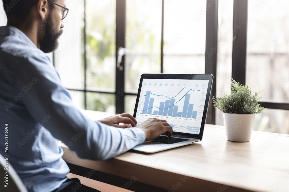 Man sitting at home office with laptop and working with growing graph. Business data analytics concept Man sitting at home office with laptop and working with growing graph. Business data analytics concept