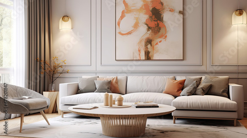 living room interior, Round coffee table near white corner sofa with terra cotta cushions near paneling wall with art poster. Scandinavian home interior design of modern living room photo