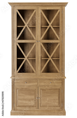 The tall cabinet isolated or display cabinet. Oak dining cabinet isolated.  photo