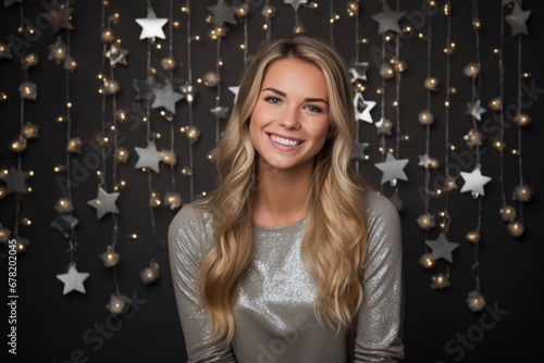 Festive Portrait of a Smiling Blonde Teenager with Silver Star Props in a Sparkling Christmas Studio © aicandy