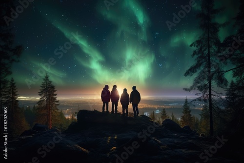 Northern Lights Celebration: Friends Gather on a Hilltop in the Lapland Mountains to Contemplate the Awe-Inspiring Beauty of the Aurora Borealis.

