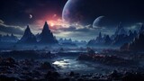 Extraterrestrial world with a desolate terrain and majestic mountain peaks. AI generate