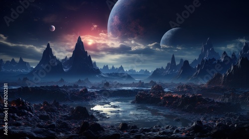 Extraterrestrial world with a desolate terrain and majestic mountain peaks. AI generate © PandaStockArt