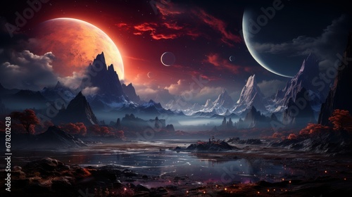 Futuristic planet with barren terrain and towering mountains against a cosmic backdrop. AI generate