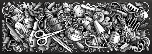 Nail Salon doodle cartoon funny banner