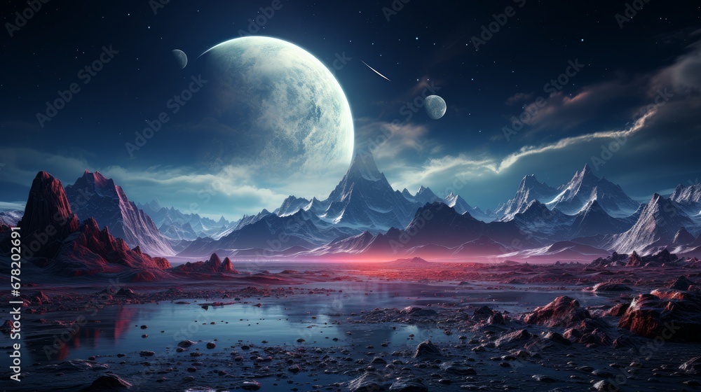 Futuristic planet with barren terrain and towering mountains against a cosmic backdrop. AI generate