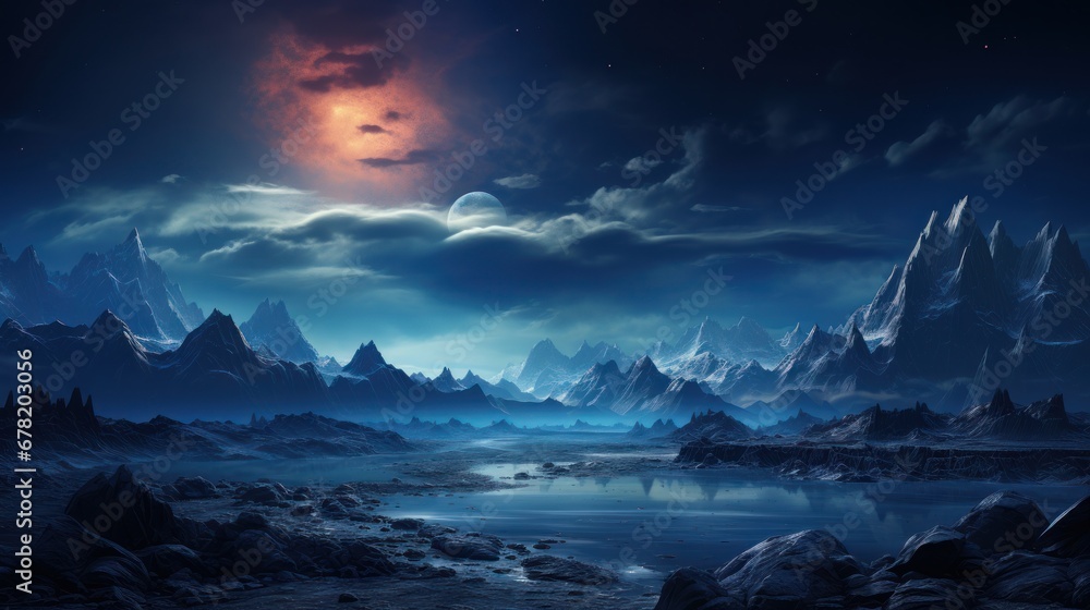 Otherworldly scenery of an uninhabited planet with cosmic skies and mountains. AI generate