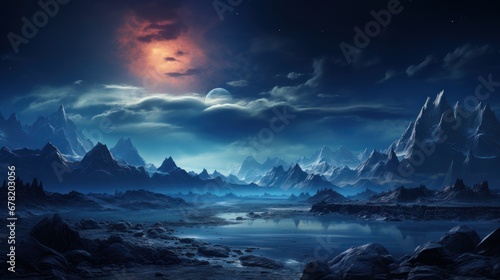 Otherworldly scenery of an uninhabited planet with cosmic skies and mountains. AI generate