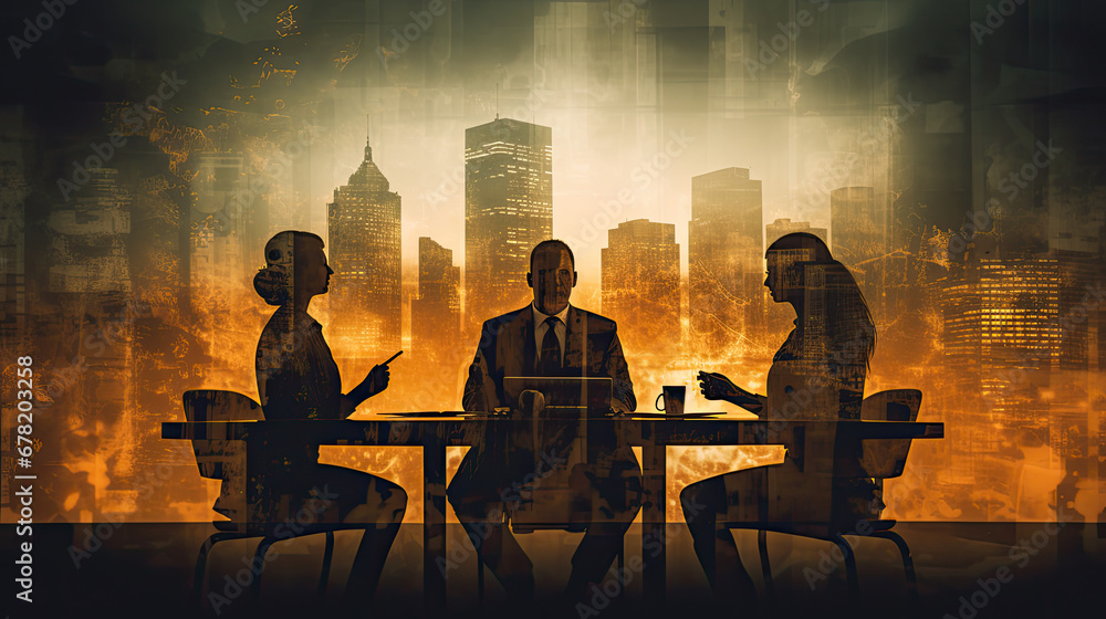 Business team silhouetted in a meeting against a cityscape.