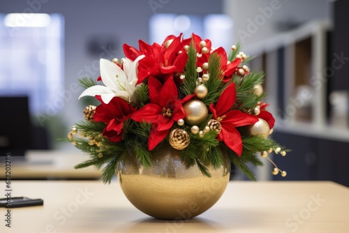 A Vibrant Office Plant Bedecked with Glittering Christmas Ornaments Brightening the Workspace