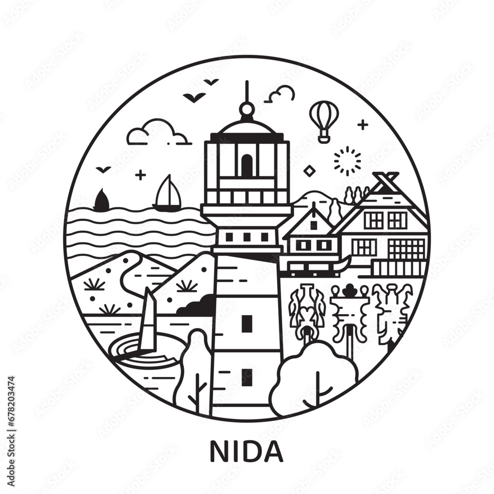 Travel Nida Line Circle Icon with Lighthousel Travel Nida Line Circle Icon with Lighthousel