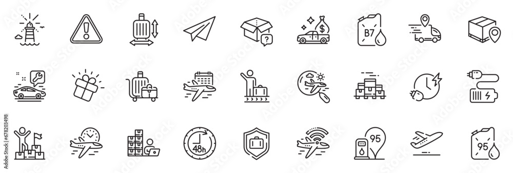 Icons pack as Baggage cart, 48 hours and Inventory line icons for app ...