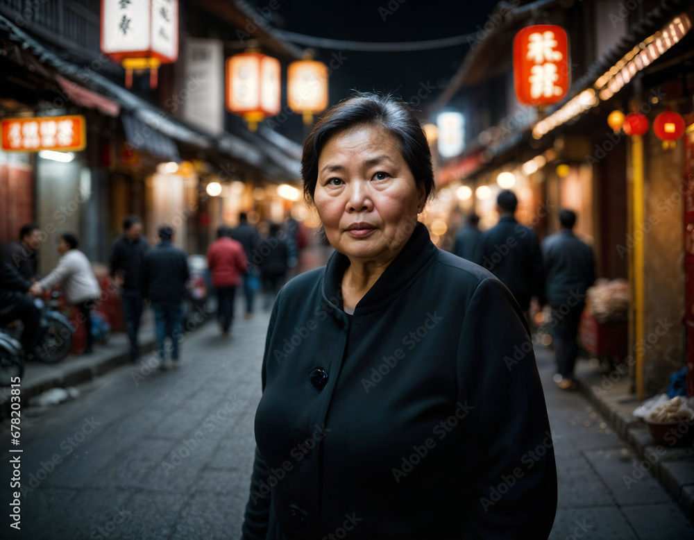 photo of senior old woman in china local street market at night, generative AI photo of senior old woman in china local street market at night, generative AI