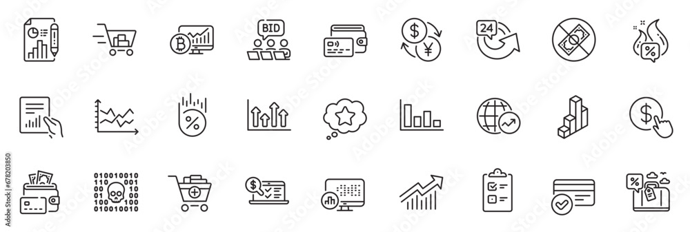 Icons pack as Demand curve, 3d chart and Add products line icons for app include Hot offer, Wallet, Upper arrows outline thin icon web set. Diagram chart, Travel loan, Document pictogram. Vector
