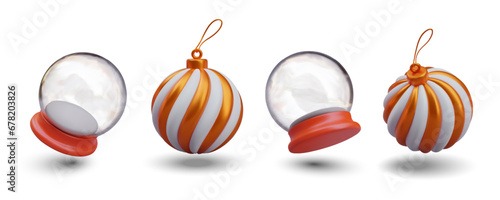 Poster with glass snow globe and toy for Christmas tree on white background. Christmas gifts, home decoration concept. Vector illustration in 3d style in red colors