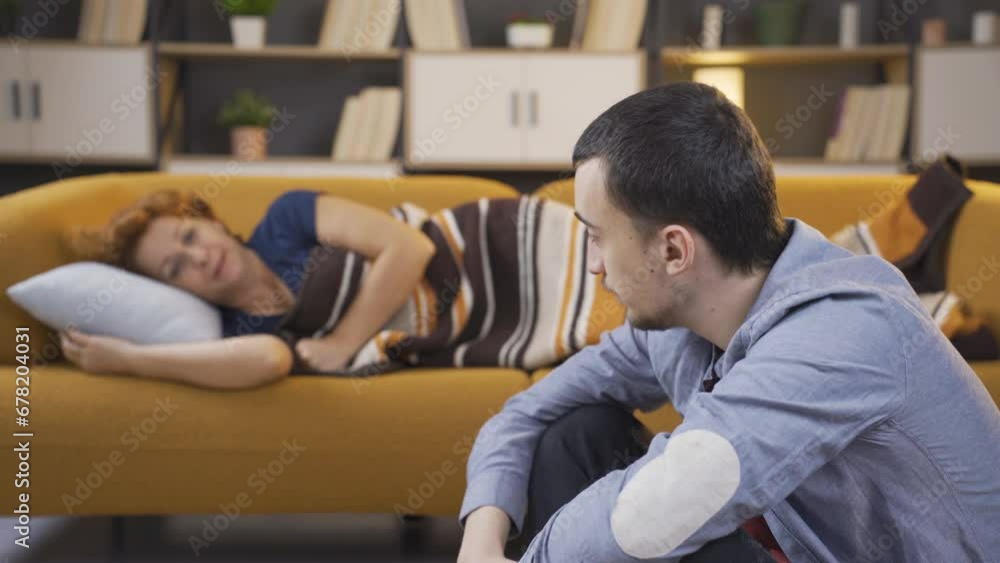 The son who cheers up his sick mother. The son who cheers up his sick mother.