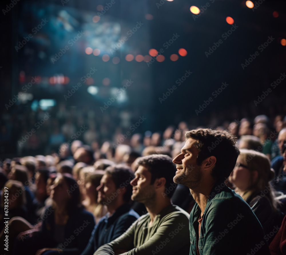 Crowd of business people listening to a presentation in a large auditorium - obrazy, fototapety, plakaty 