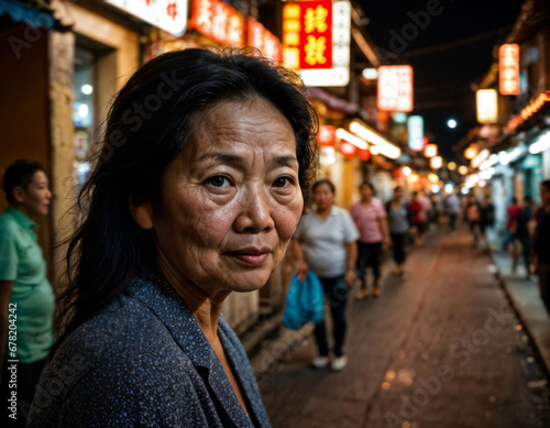 photo of senior old woman in china local street market at night, generative AI