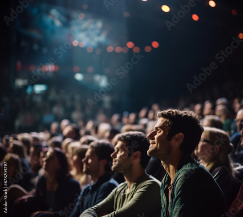 Crowd of business people listening to a presentation in a large auditorium