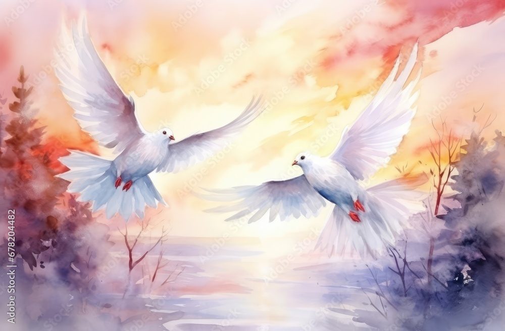 Obraz premium two doves flying in the sky. 