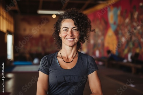 Portrait of a satisfied woman in her 40s sporting a vintage band t-shirt against a vibrant yoga studio background. AI Generation photo
