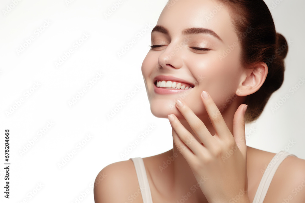 Portrait of a young smiling woman touching her flawless glowy skin on soft white background, skincare concept - obrazy, fototapety, plakaty 