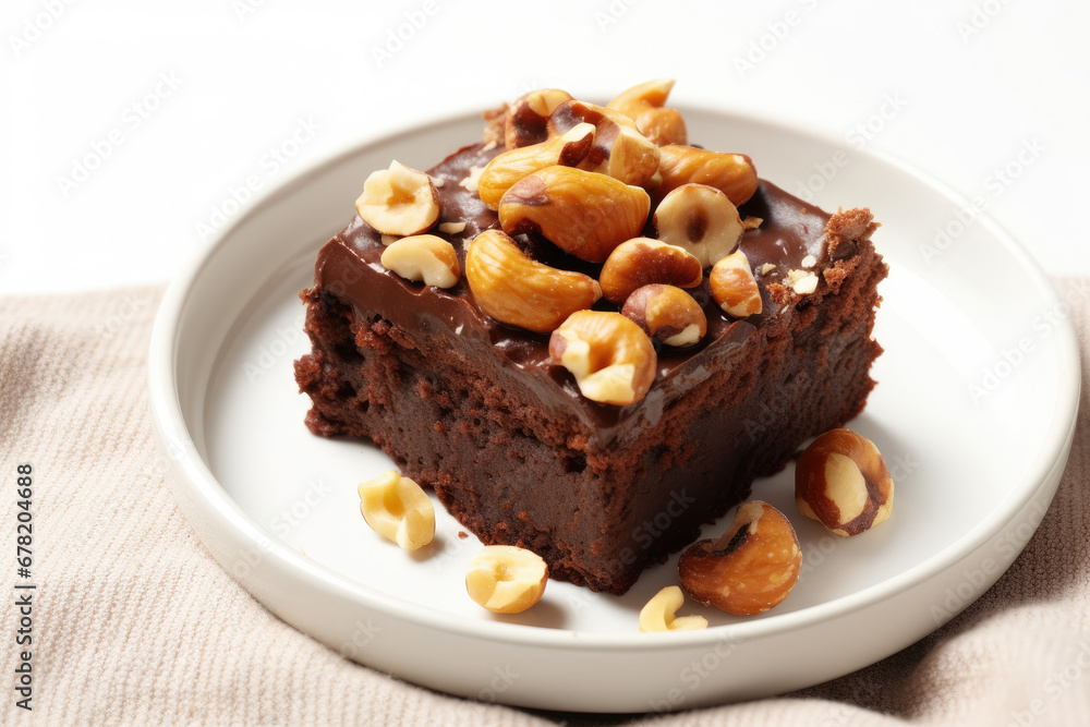 chocolate cake with nuts, Piece of brownie cake with hazelnuts on white plate background