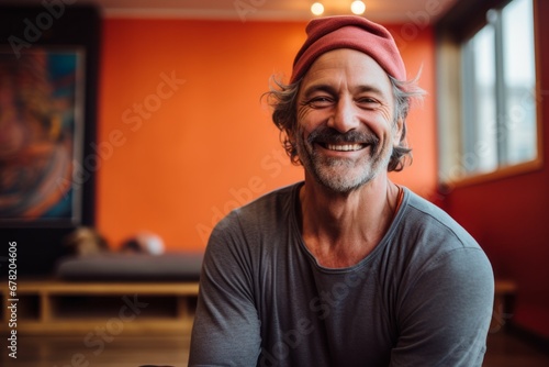 Portrait of a joyful man in his 50s donning a warm wool beanie against a vibrant yoga studio background. AI Generation
