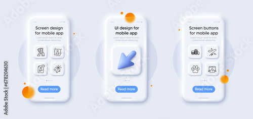 Fireworks, Resume document and Fishing rod line icons pack. 3d phone mockups with cursor. Glass smartphone screen. Dog paw, Online question, Developers chat web icon. Vector