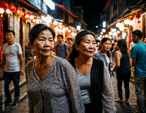 photo of senior old woman with friends in china local street market at night  generative AI