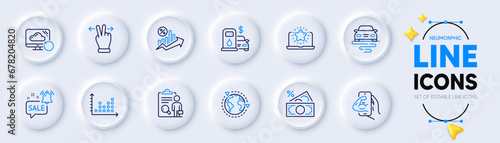 Promotion bell, Money tax and Best laptop line icons for web app. Pack of Filling station, Fitness, Outsourcing pictogram icons. Loan percent, Recovery cloud, Inspect signs. Dot plot. Vector