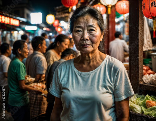 photo of senior old seller woman in china local street market at night, generative AI © Flash