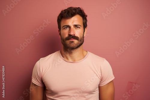 Portrait of a merry man in his 30s sporting a vintage band t-shirt against a pastel or soft colors background. AI Generation
