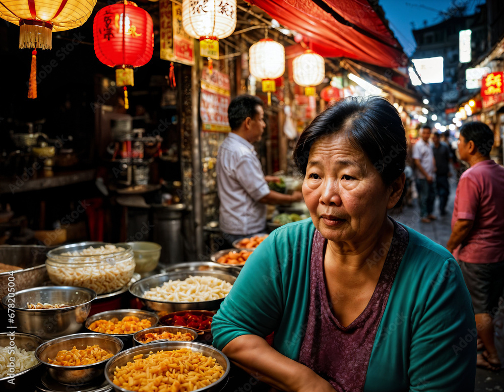photo of senior old seller woman in china local street market at night, generative AI photo of senior old seller woman in china local street market at night, generative AI