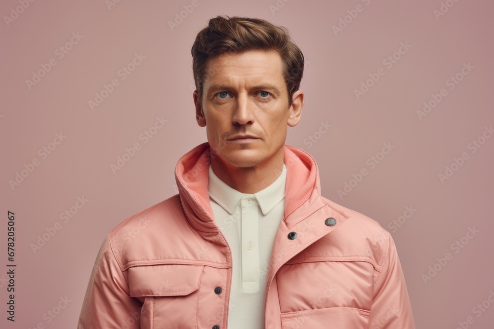 Obraz premium Portrait of a tender man in his 30s dressed in a water-resistant gilet against a pastel or soft colors background. AI Generation