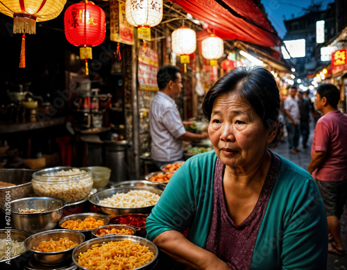 photo of senior old seller woman in china local street market at night  generative AI