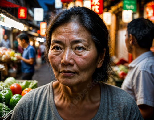 photo of senior old seller woman in china local street market at night, generative AI