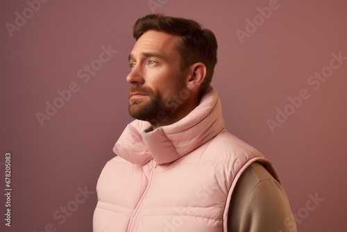 Portrait of a tender man in his 30s dressed in a water-resistant gilet against a pastel or soft colors background. AI Generation