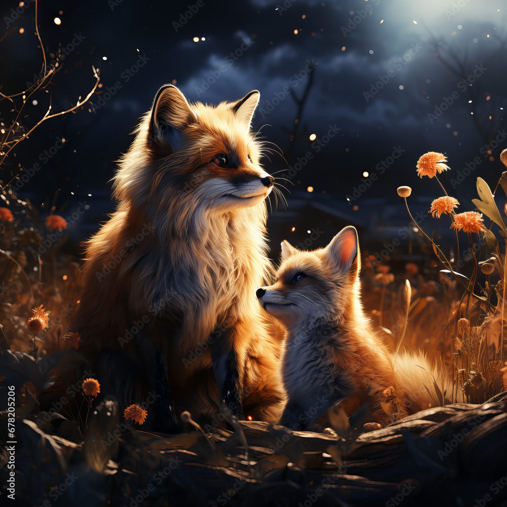 Romantic foxes captivated by an ethereal twilight