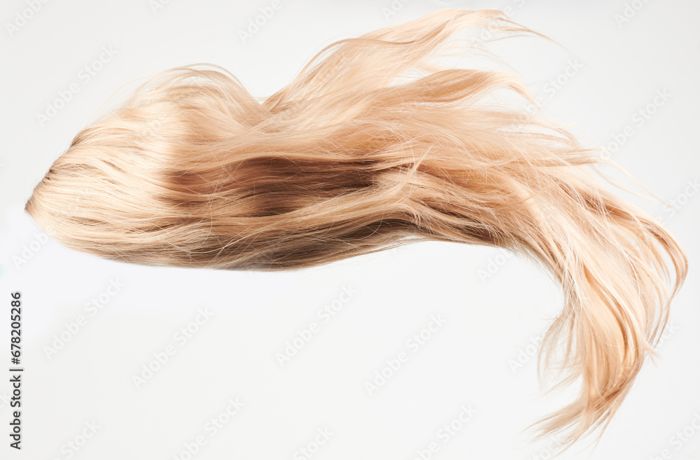 Natural looking shiny hair, fair blonde curls isolated on white background with copy space