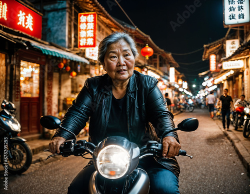 photo of senior old woman driving on motorcycle through china local street market at night, generative AI