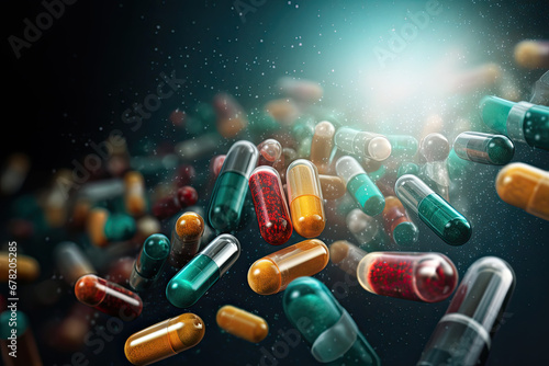 Colorful medicine tablets or pills on soft background.