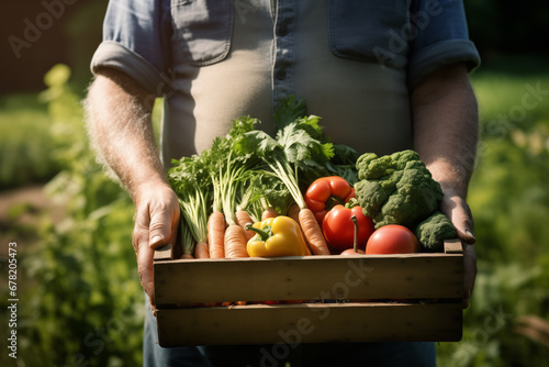 Wooden box with fresh vegetables in the hands of a farmer outdoors. © Dzmitry