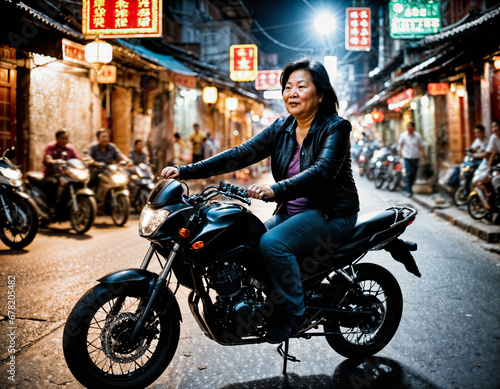 photo of senior old woman driving on motorcycle through china local street market at night, generative AI