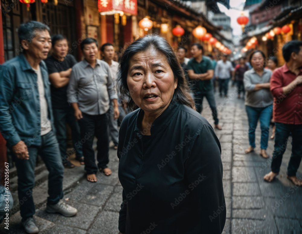 photo of senior old woman with angry mood in china local street market at night, generative AI