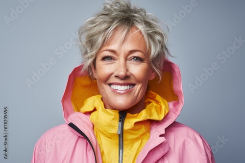 Portrait of a satisfied woman in her 50s sporting a waterproof rain jacket against a pastel or soft colors background. AI Generation