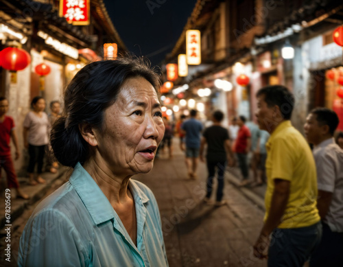 photo of senior old woman with angry mood in china local street market at night, generative AI © Flash