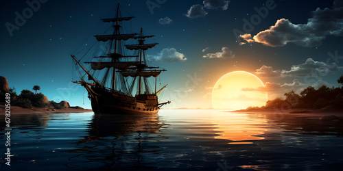 Pirate ship Retro or antique sailboat, Silhouette of pirate ship at night with mysterious sea light, ship in the sea, Free Vector sunset in the forest beautiful landscape background Generative AI

 photo