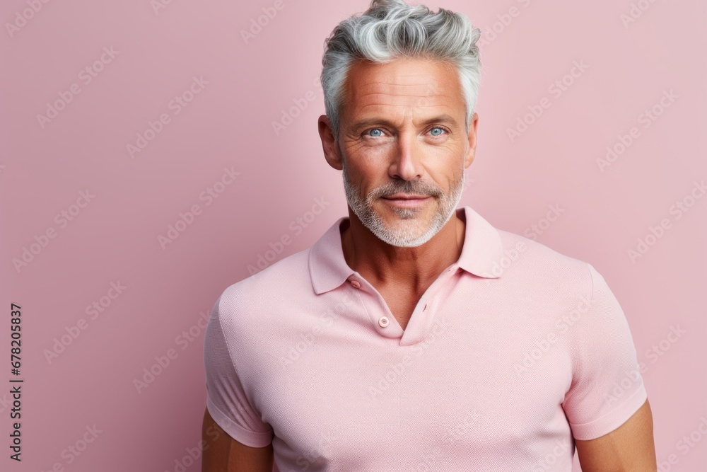 Portrait of a satisfied man in his 50s donning a classy polo shirt against a pastel or soft colors background. AI Generation Portrait of a satisfied man in his 50s donning a classy polo shirt against a pastel or soft colors background. AI Generation