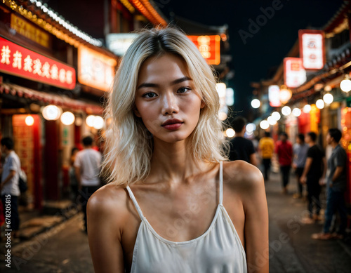 photo of beautiful young girl in china local street market at night, generative AI © Flash